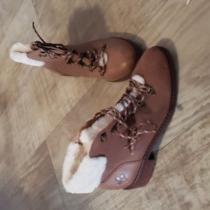 Patricia Nash lace up booties brown with faux white shearling 10M